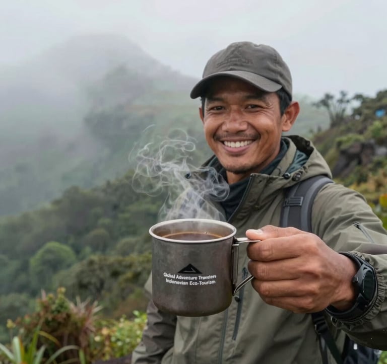 A close-up photograph of a professional local Indonesian guide smiling warmly while serving steaming hot local Lombok coffee in metal camping mugs during a foggy morning on a Mount Rinjani ridge, soft forest green tones, Global Adventure Travelers / Indonesian Eco-Tourism.