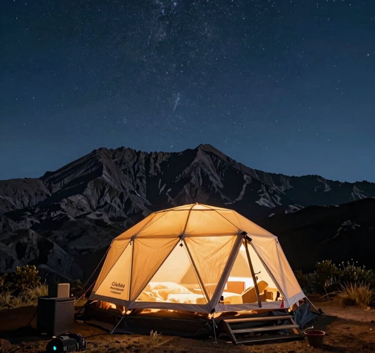 A high-end mountain glamping setup on the Rinjani crater rim under a clear starry night sky, luxury dome tent glowing with warm amber light inside, dark volcanic peaks in the background, professional outdoor setup, Global Adventure Travelers / Indonesian Eco-Tourism.