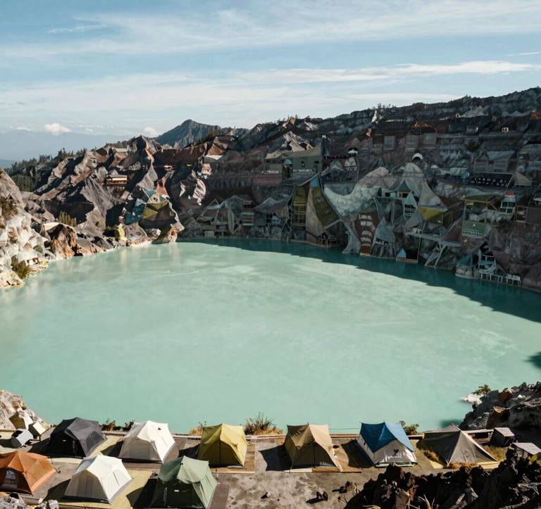 A stunning photography of Segara Anak, the majestic turquoise crater lake of Mount Rinjani, cradled by massive volcanic cliffs. The water shines with shades of sage green and soft mint under a bright, clear sky. In the foreground, a premium eco-friendly campsite sits respectfully on the lake shore. Indonesian Eco-Tourism.