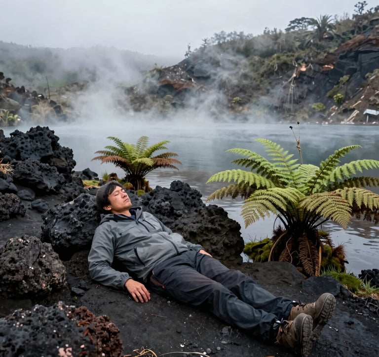 A premium landscape photograph of weary trekkers relaxing beside the natural geothermal hot springs of Aik Kalak near Segara Anak lake, surrounded by dark volcanic rocks and lush green ferns, misty and therapeutic atmosphere, Global Adventure Travelers / Indonesian Eco-Tourism.