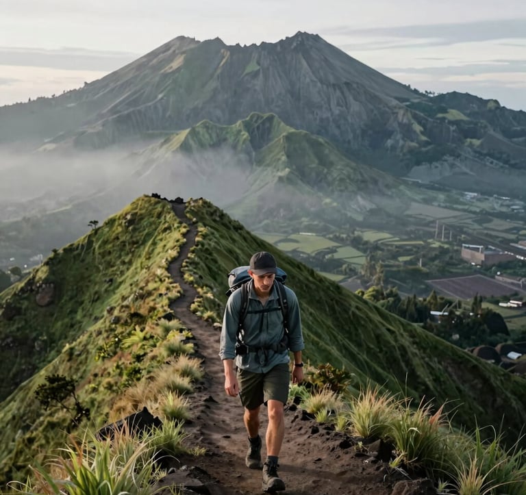 A crisp outdoor lifestyle photograph of a Global Adventure Traveler trekking along a scenic ridgeline on Mount Rinjani. Muted leaf green slopes descend into the valley. Soft, misty lighting wraps around the volcano, highlighting the rugged terrain. Professional, premium travel photography style.