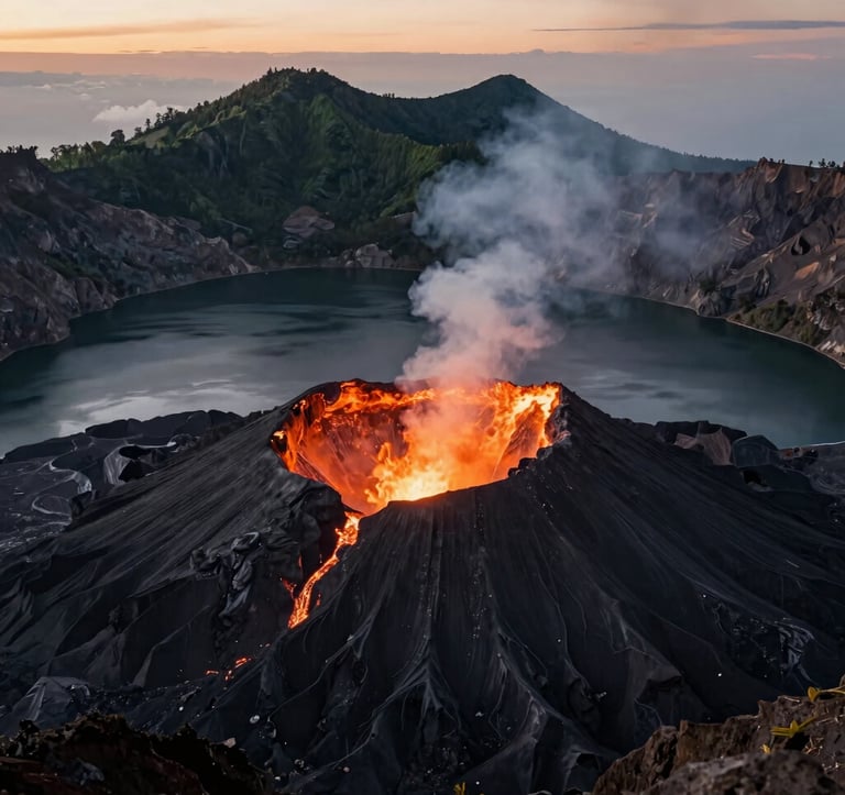 A dramatic close-up photograph of Mount Rinjani's active volcanic cone, Baru Jari, emerging inside the caldera lake. Glowing warm sunrise light illuminates the scene, contrasting against deep slate black volcanic rock and distant deep forest green ridges. Perfect, majestic composition for Global Adventure Travelers / Indonesian Eco-Tourism.