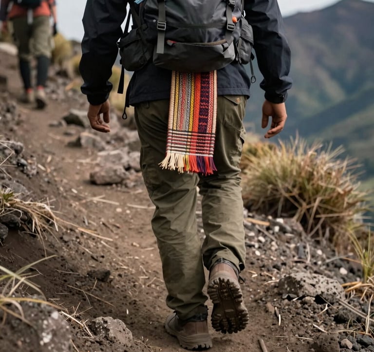 Close-up action photograph of a local Sasak guide leading hikers up a rugged mountain trail on Mount Rinjani, volcanic soil underfoot, dressed in traditional woven sash over modern trekking gear, natural warm lighting, authentic eco-tourism.