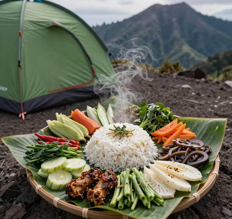 An overhead photograph of a freshly prepared mountain feast on Mount Rinjani, featuring local vegetables and steaming rice served beautifully on clean banana leaves next to a modern green expedition tent, premium adventure hospitality.