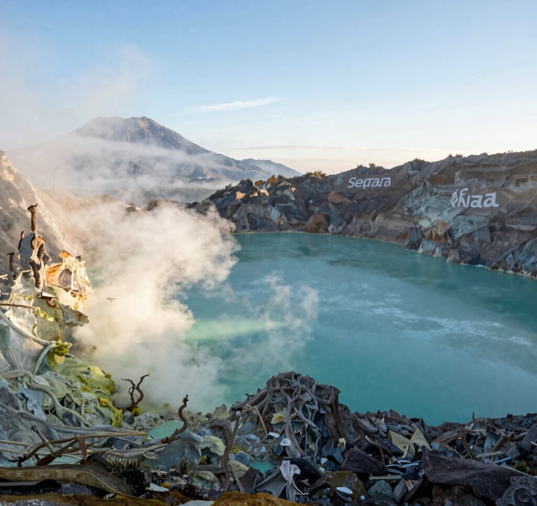 A dramatic landscape photograph of Segara Anak, the turquoise crater lake of Mount Rinjani, with soft steam rising from the nearby natural hot springs, volcanic rock formations in the background, professional adventure travel, clear morning daylight.
