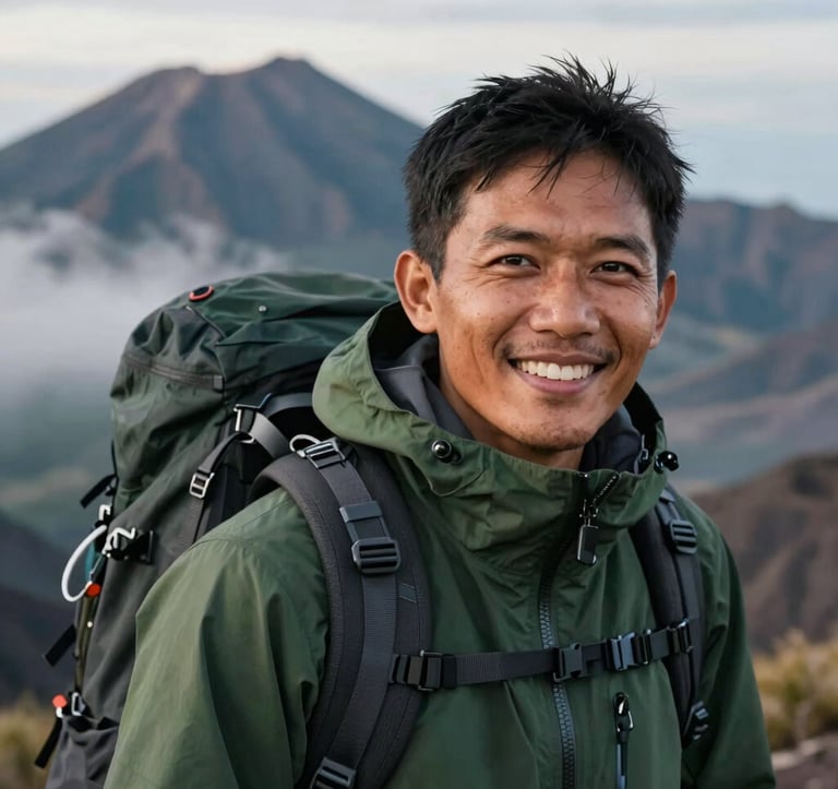 A professional, authentic close-up portrait of a local Indonesian mountain guide, smiling warmly. He is wearing high-end, dark forest green outdoor gear and a technical backpack. Background shows the dramatic, misty volcanic ridgelines of Mount Rinjani under soft, natural overcast daylight.