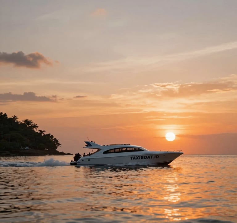 A stunning landscape shot of the Gili Islands at sunset, with a sleek fast boat in the mid-ground. The lighting is warm and inviting, showcasing the professional and comfortable adventure vibe of TAXIBOAT.ID. The orange of the sunset complements the brand color #D36B31.