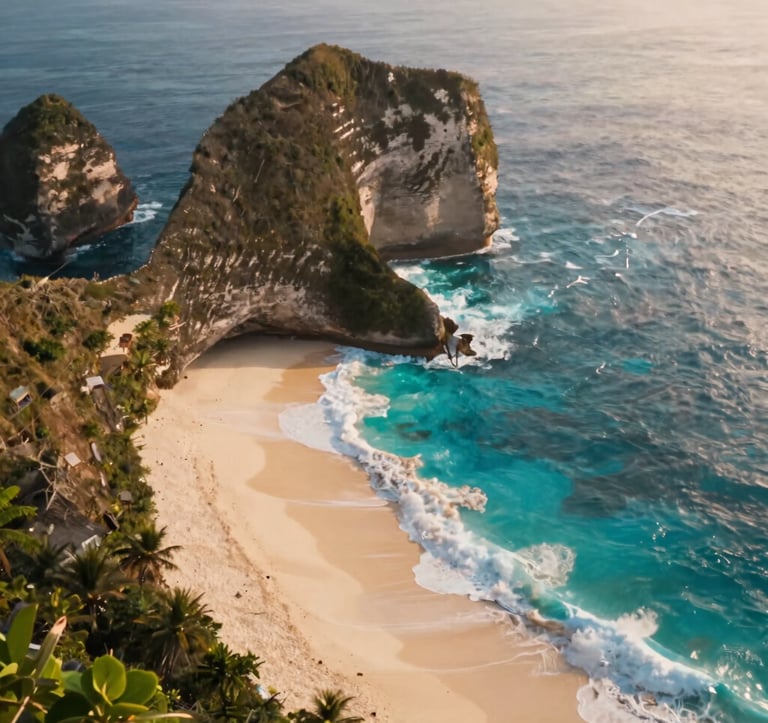 Aerial view of the iconic Kelingking Beach in Nusa Penida. The turquoise ocean waves crash against the white sand. The lighting is golden hour, with a warm glow reflecting the #FDF6ED sand and #1B2D3B ocean depths, creating an adventurous yet professional travel mood.