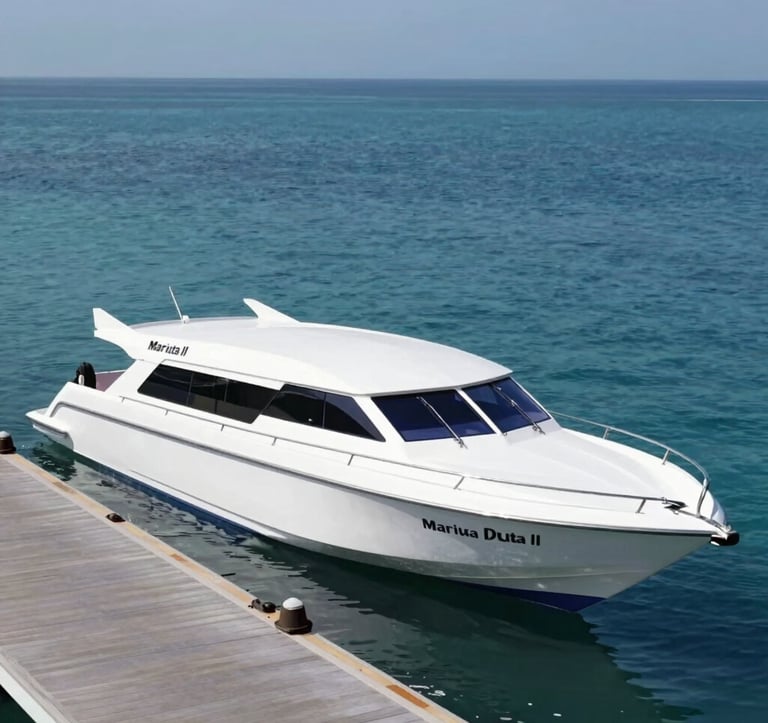 A high-quality image of the Maruti Duta II fast boat docked at a clean, modern private jetty in Bali. The scene reflects professional reliability and luxury sea travel, with the Indonesian sea in the background. The colors include the deep blues of the water and the crisp whites of the boat, fitting the brand palette.