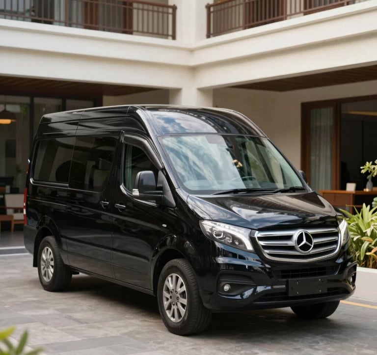A luxury black transport van parked in front of a modern Bali hotel. The vehicle is clean and reflective, signifying professional reliability. The lighting is bright day light, emphasizing the #1B2D3B sleekness of the car against a #FDF6ED architectural background.
