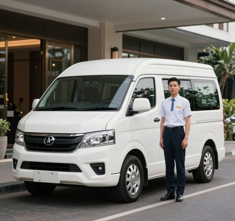 A modern, clean white transport van parked at a luxury hotel entrance in Bali. A professional driver in a neat uniform stands nearby. The composition is clean and modern, emphasizing reliability and comfort in airport and hotel transfer services.