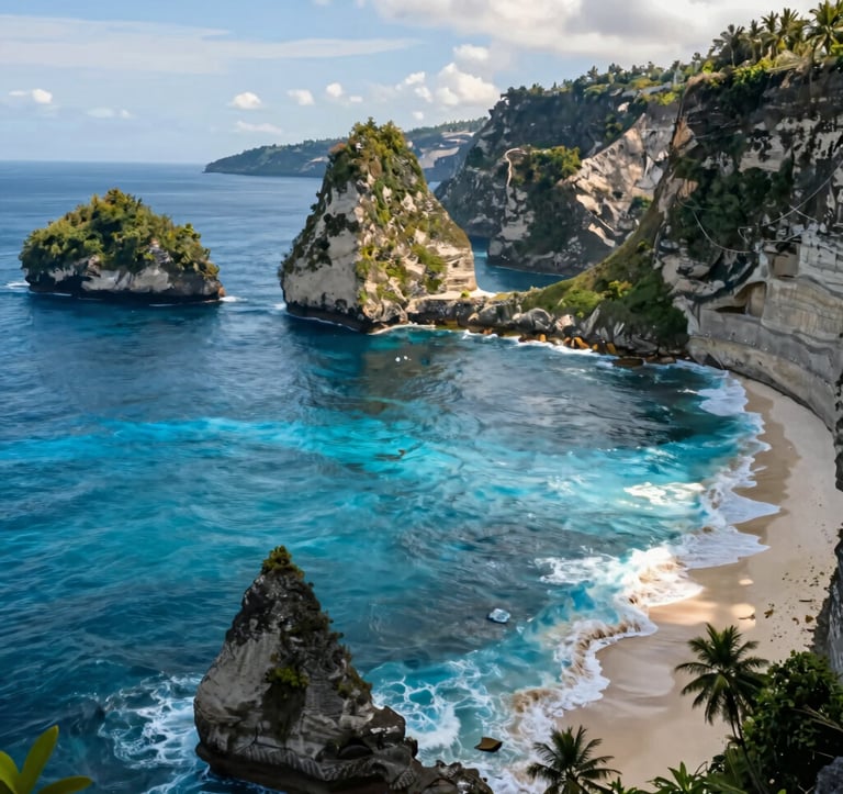 Wide-angle shot of the iconic Kelingking Beach T-Rex cliff in Nusa Penida. The water is a vibrant sapphire blue, and the cliffs are lush green. The lighting is bright morning sun, capturing the adventurous spirit of Bali's most famous destination. Brand colors #1B2D3B and #D36B31 subtly reflected in the sky and sea tones.