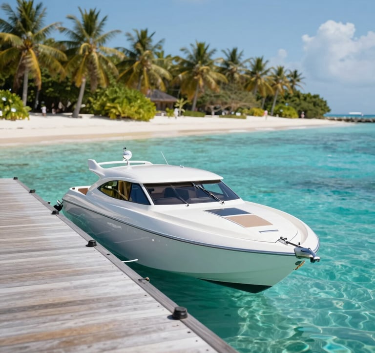 A sleek fast boat docked at a wooden pier on a tropical island with crystal clear turquoise water. Tropical palm trees and white sand are visible in the background under a bright sun. The mood is clean, professional, and inviting, showcasing premium maritime travel.