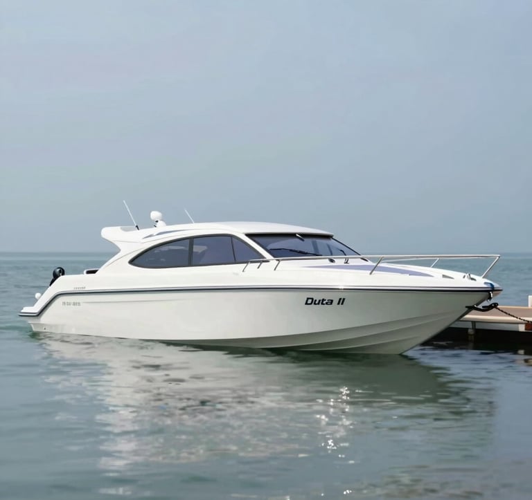 Side profile of the Maruti Duta II speed boat docked at Sanur, showcasing its sleek and modern design. The composition is clean and informative, highlighting the reliability of the fleet with subtle brand color accents.