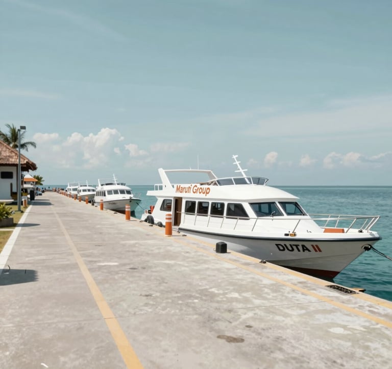 The private jetty of Maruti Group in Nusa Penida, showing a well-organized and clean docking area. A Maruti Duta II boat is docked, and the scene looks professional and exclusive. Colors include the #D36B31 orange highlights of the brand and #78909C sky.