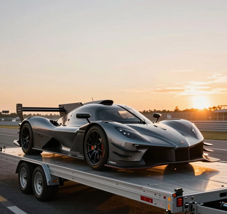 A professional wide-angle shot of the K24 Exocet on a trailer at a North American / US race track like Road Atlanta. The car looks sleek and technical against a sunset backdrop, emphasizing its aggressive stance and exposed frame.