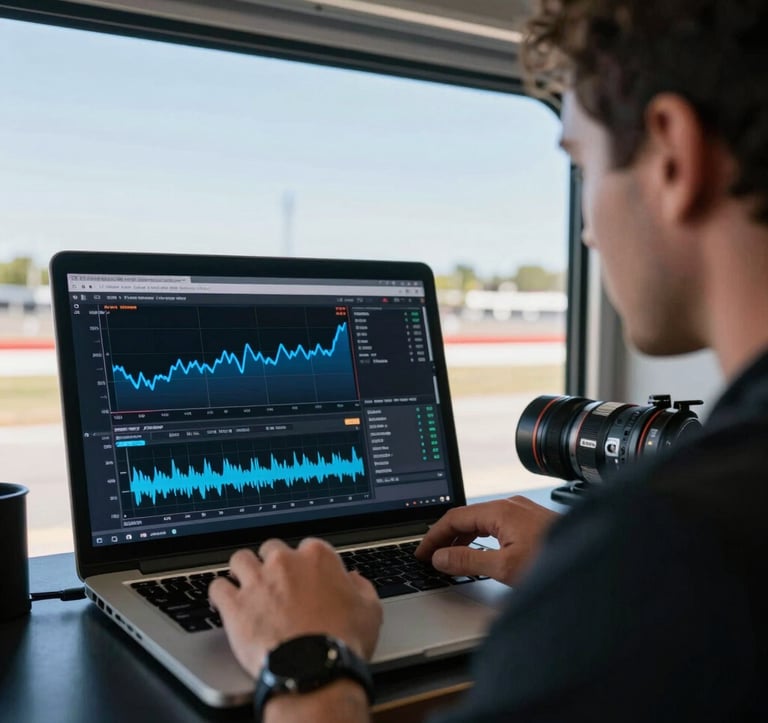 A professional analyzing live telemetry data on a high-resolution laptop screen inside a racing trailer at a North American / US track. The screen displays sky velocity blue graphs against a dark interface, reflecting on the analyst's face.