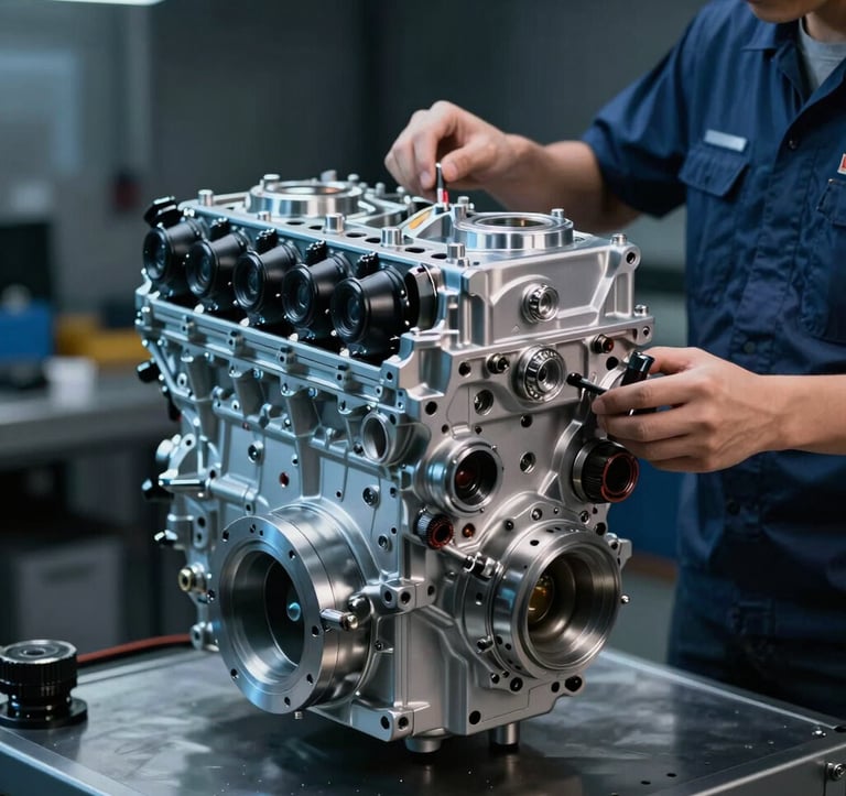A professional photography shot of a technical engineer examining a K24 engine in a modern North American / US workshop. The engine is clean and high-tech, illuminated by cool aluminum silver and technical blue lighting against a dark background.