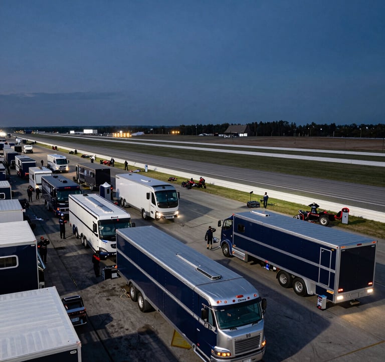 A wide-angle landscape shot of a North American / US racetrack paddock at dusk. Transport trailers and racing teams are visible in a clean, professional midnight navy environment with aluminum silver accents.