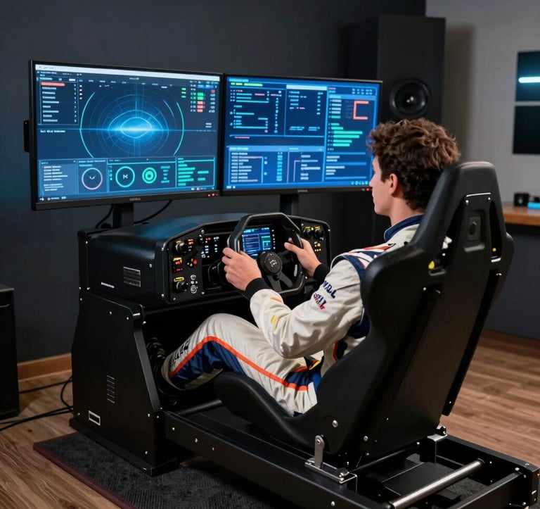 A driver in professional racing gear sitting in a high-end sim racing cockpit in a modern North American / US home studio. Dark slate environment with glowing technical blue monitors showing telemetry data.