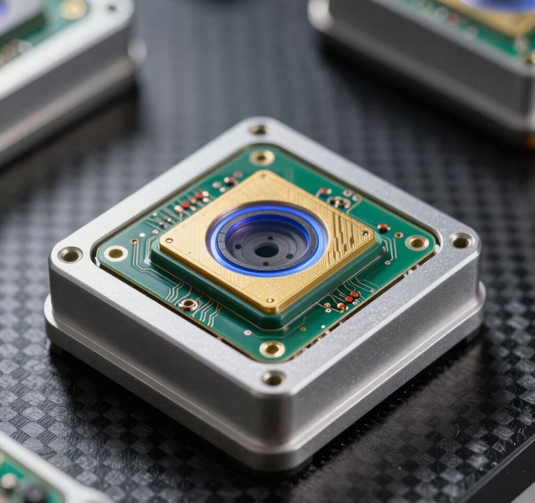 Macro photography of a precision technical sensor unit with exposed circuitry and aluminum silver casing. The device is resting on a carbon fiber surface, with a technical blue light glow in a North American / US lab setting.