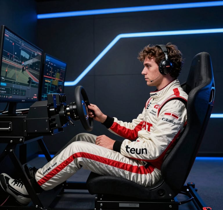 A professional driver in a North American / US racing suit sitting in a high-end sim racing rig. The room is dark with deep navy slate walls and sky blue neon accents. The focus is on the driver's intense concentration and the premium, technical nature of the training setup.