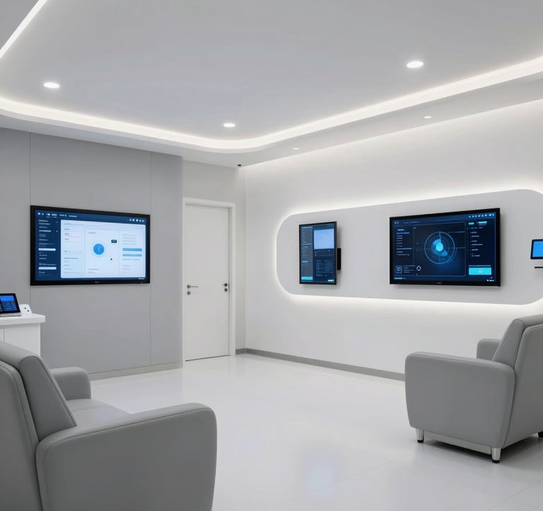 Interior of a state-of-the-art smart medical clinic in a Middle Eastern / Egyptian facility. Minimalist design, high-tech interface screens, light gray and royal white walls, luxury seating, soft professional lighting.