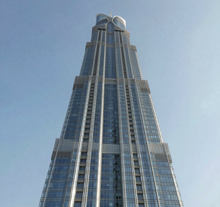 An upward architectural photography shot of a tall, modern skyscraper in a Middle Eastern urban setting. The structure uses reflective glass and silver metal frames, with a clear blue sky in the background. Minimalist and imposing.