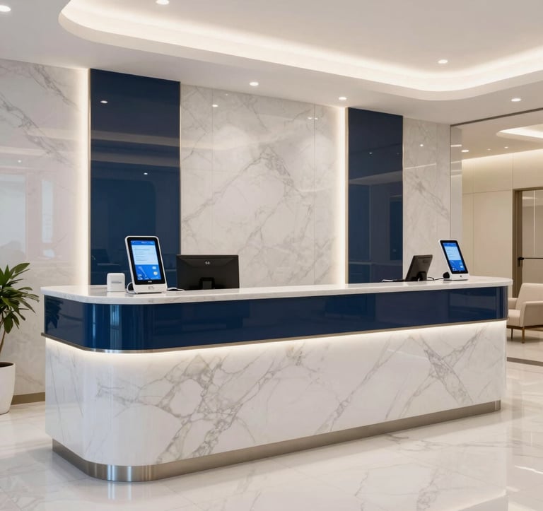 Luxury interior photography of a modern medical facility reception in Egypt. Features white marble, dark blue accents, and sophisticated digital kiosks. The lighting is bright and professional, creating a trustworthy and clean atmosphere.