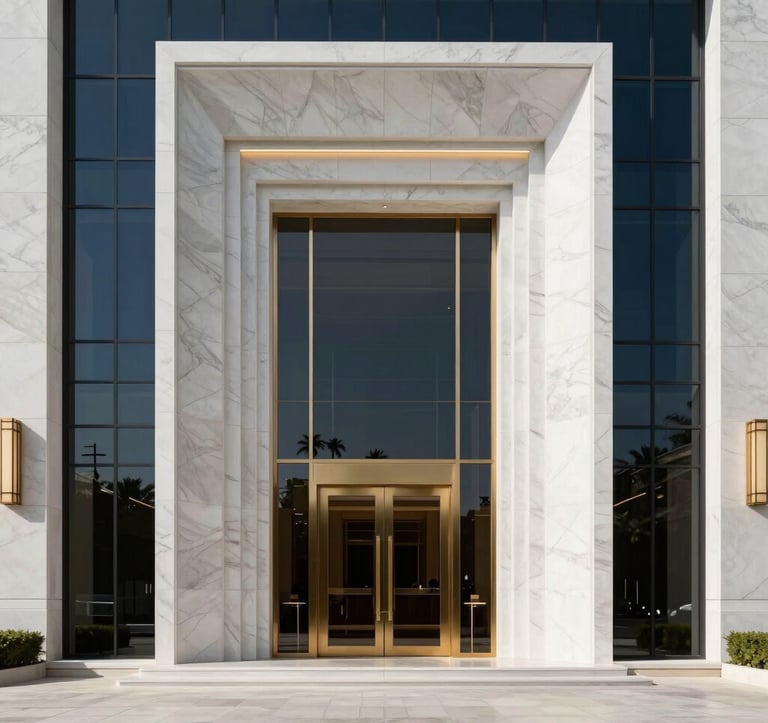 A high-end 3D architectural visualization of a luxurious building entrance in a Middle Eastern / Egyptian context. Features royal white marble, minimalist dark blue glass panels, and sophisticated gold-toned lighting. Clean, sharp lines, cinematic photography.