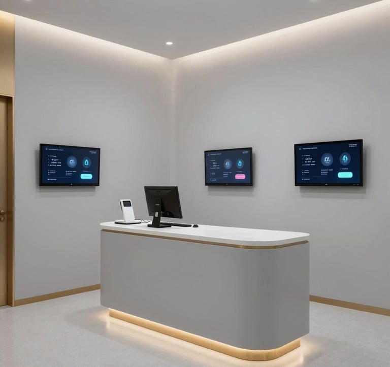 Interior photography of a sleek, minimalist smart medical clinic in Egypt. Features clean light grey surfaces, subtle golden accents, and integrated technology screens. Professional lighting creates a trustworthy and high-end healthcare atmosphere.
