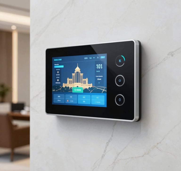 Close-up photography of a smart home control panel integrated into a sleek white marble wall. The screen displays building diagnostics. Modern, professional lighting, Middle Eastern / Egyptian luxury office setting.