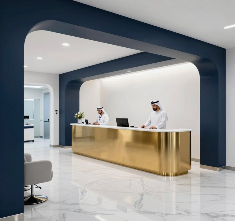Interior of a high-tech medical reception area in the tower. Minimalist design with white marble floors, dark blue accents, and a gold reception desk. Professional Middle Eastern / Egyptian staff present in a bright, futuristic space.