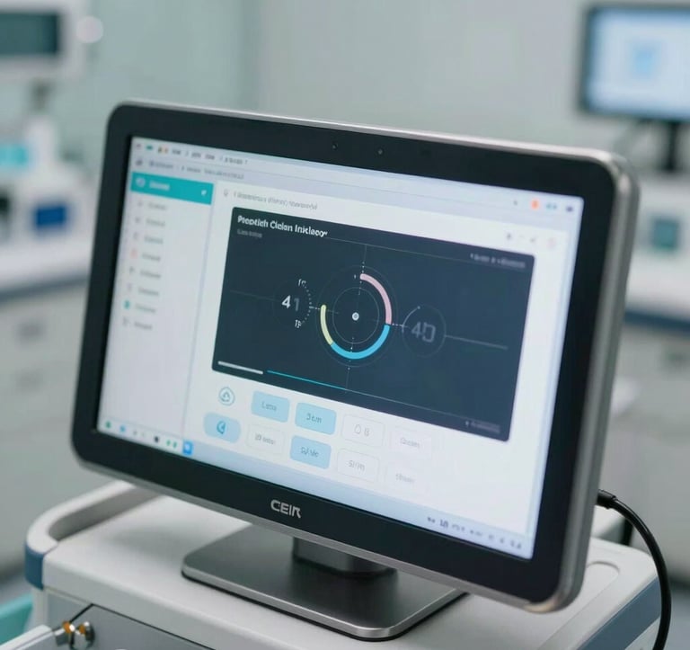 Clean, high-detail macro photography of a sophisticated interface in a modern medical clinic. The focus is on quality materials like brushed metal and glass, with soft lighting that suggests a premium and advanced environment.