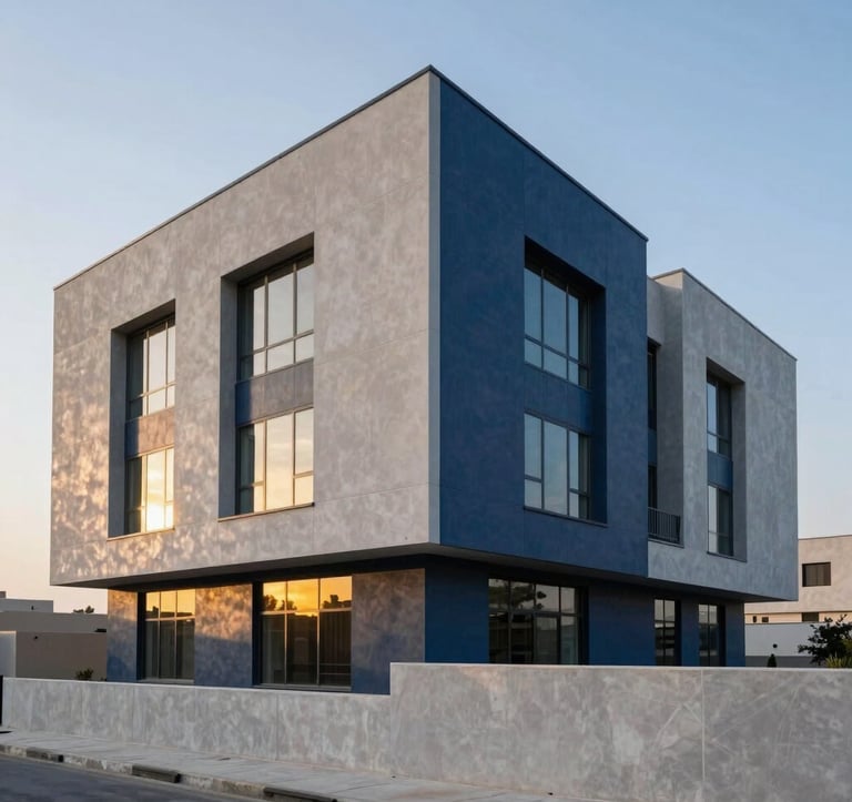 Photography of a modern architectural project in Egypt, showing clean lines and geometric shapes. The color palette is dominated by light grey and dark blue, with golden light reflecting off the windows at sunrise.
