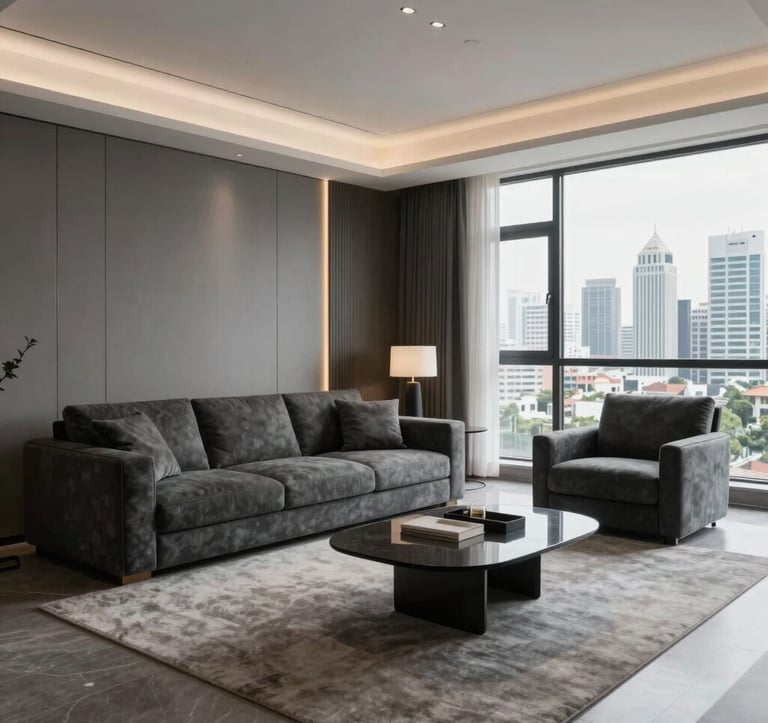High-end interior photography of a modern show-flat living room with minimalist charcoal furniture, soft grey walls, and elegant lighting. Large windows overlooking a South Asian city skyline.