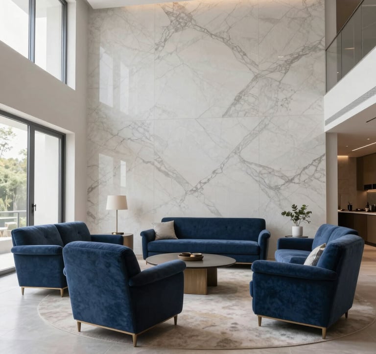 An interior photograph of a light-filled, modern South Asian show home lounge with high ceilings, minimalist deep blue and grey furniture, and high-end marble wall textures.