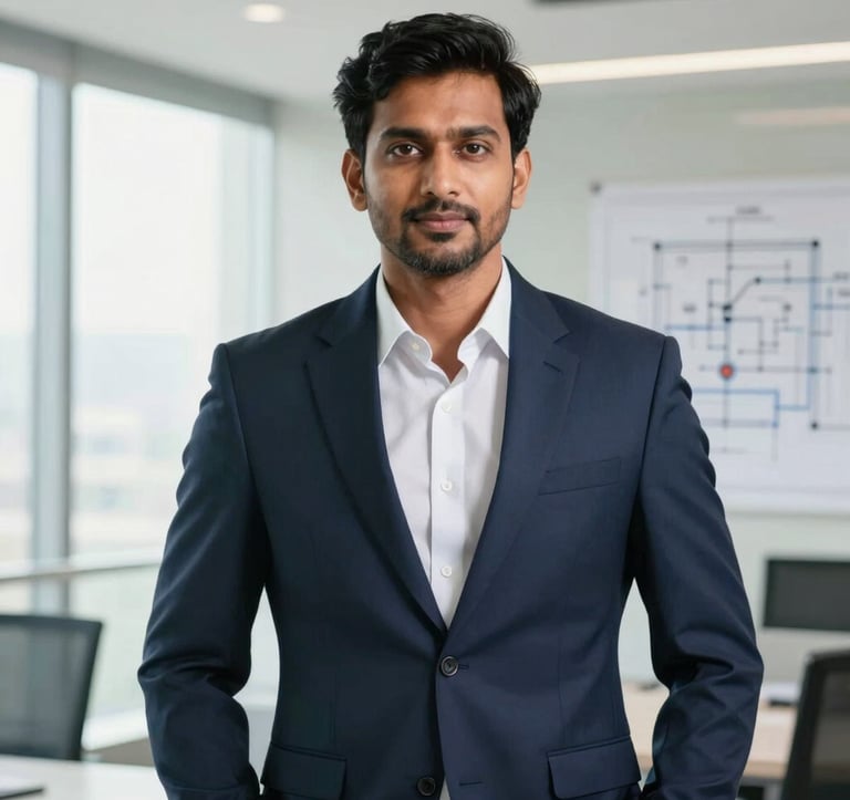 A professional portrait of a South Asian male executive in a well-tailored navy suit, standing in a bright, modern architectural office with blueprints visible in the background, soft natural lighting.