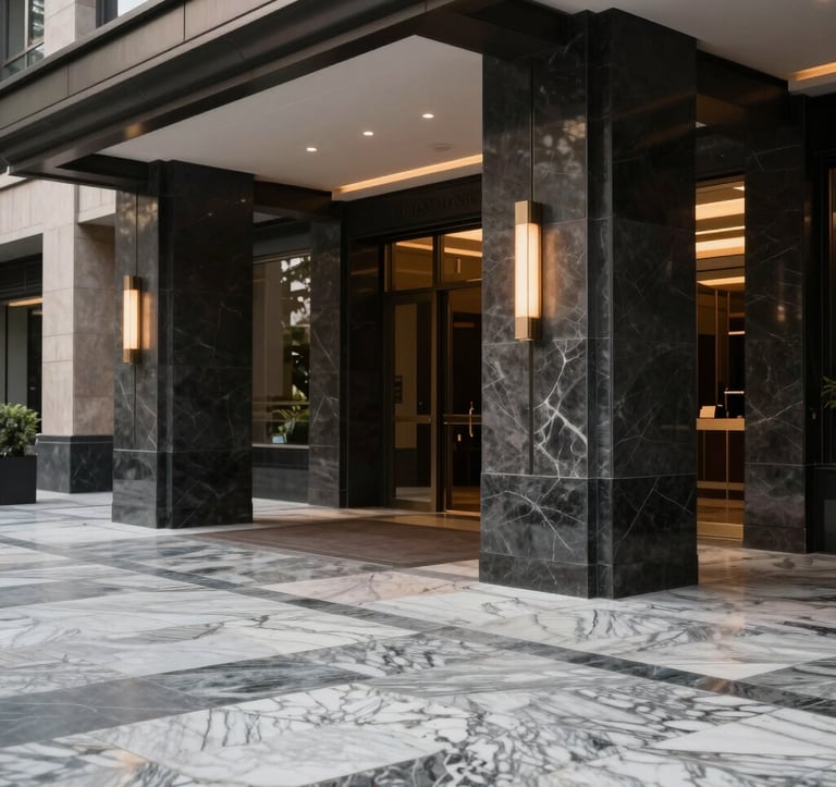 A detailed close-up of a modern building entrance in a South Asian city, featuring high-quality marble flooring and charcoal-colored architectural pillars with warm accent lighting.