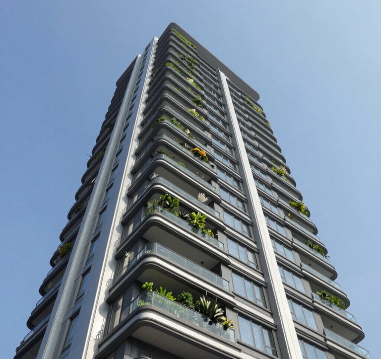 A low-angle exterior shot of a contemporary luxury apartment tower against a clear blue sky, showing sleek modern lines and integrated vertical gardens, typical of high-end South Asian developments.