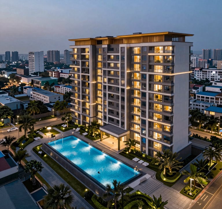 A high-angle architectural photograph of a luxury residential complex featuring a swimming pool and landscaped gardens at twilight. Subtle accent lighting illuminates the modern structure against a South Asian city backdrop.