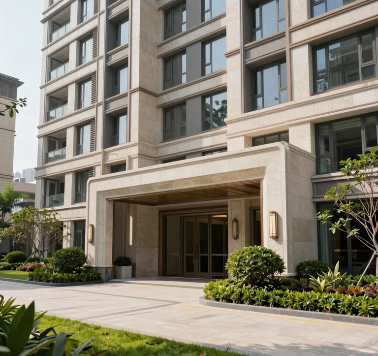 Architectural photography of a luxury residential building facade with clean lines and premium stone finishes. South Asian urban setting during bright daylight. Manicured entrance with green landscaping.