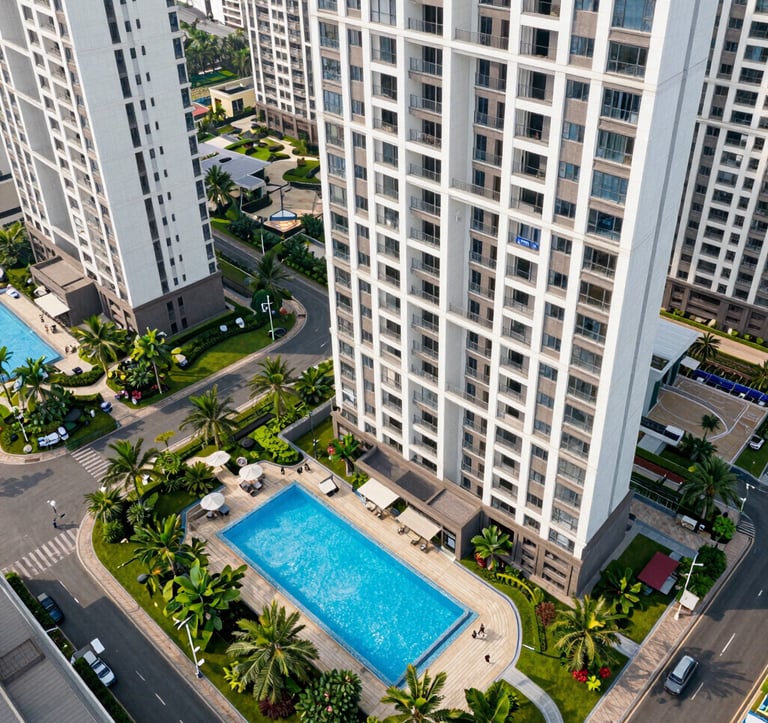 Aerial perspective of a contemporary residential complex featuring multiple towers, a sparkling swimming pool, and dedicated green spaces. South Asian architectural style, vibrant and clean composition.