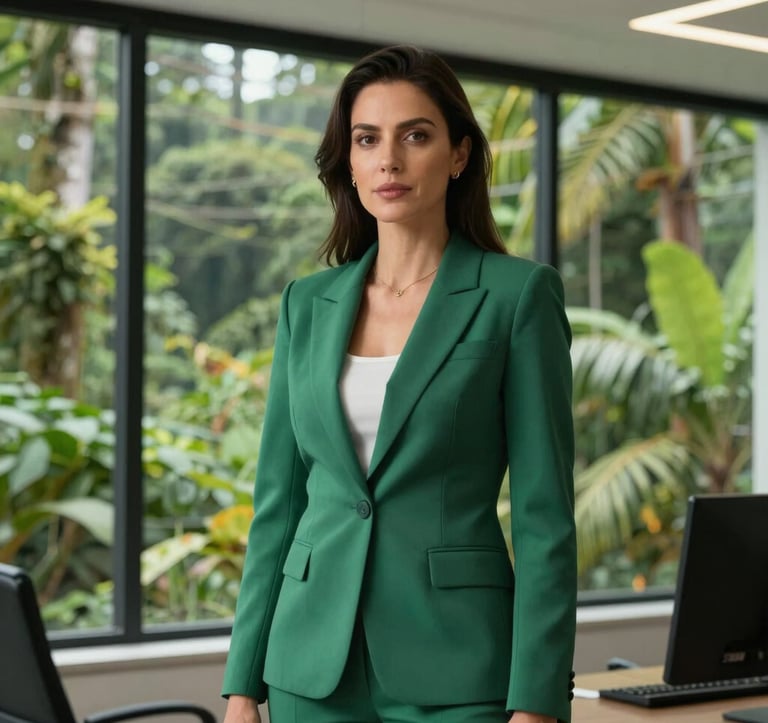 A professional woman in a Central American / Costa Rican modern office setting. Large windows behind her reveal a dense tropical forest. She exudes sophistication and leadership, wearing a tailored blazer in Emerald Sage tones. Soft, diffused lighting.