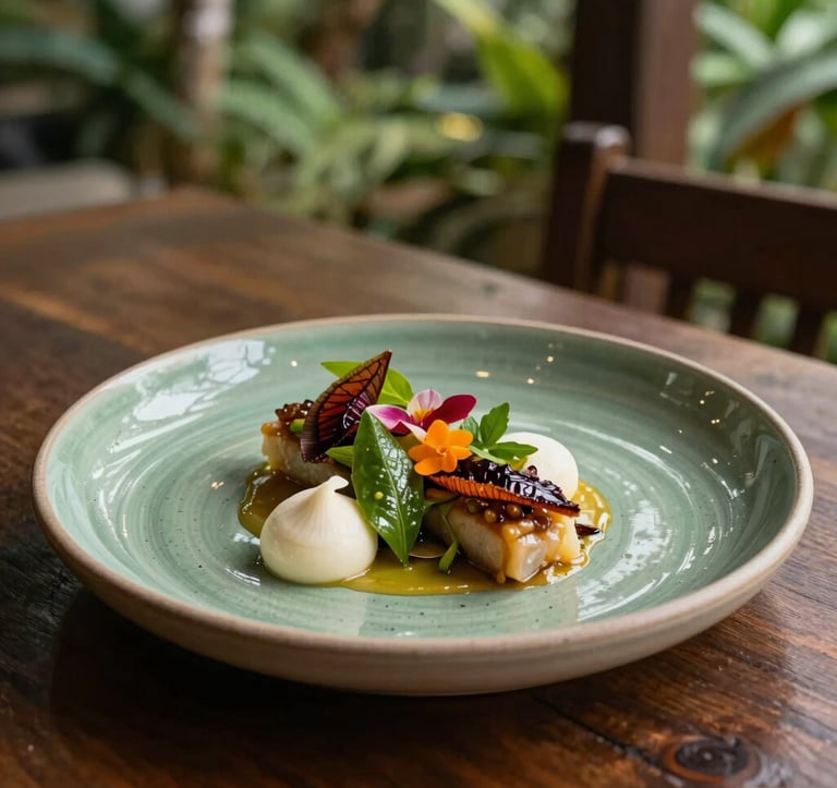 Photography of an exquisite farm-to-table gourmet dish served at a luxury restaurant in a Central American / Costa Rican garden. The plate is artisanal ceramic in sage green, with colorful tropical ingredients and soft off-white accents.