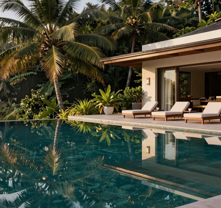High-end architectural photography of a private infinity pool at a luxury estate. The pool reflects the emerald green of the tropical canopy. Warm cream lounge chairs sit on a terrace. Elegant, aspirational atmosphere in a Central American / Costa Rican environment.