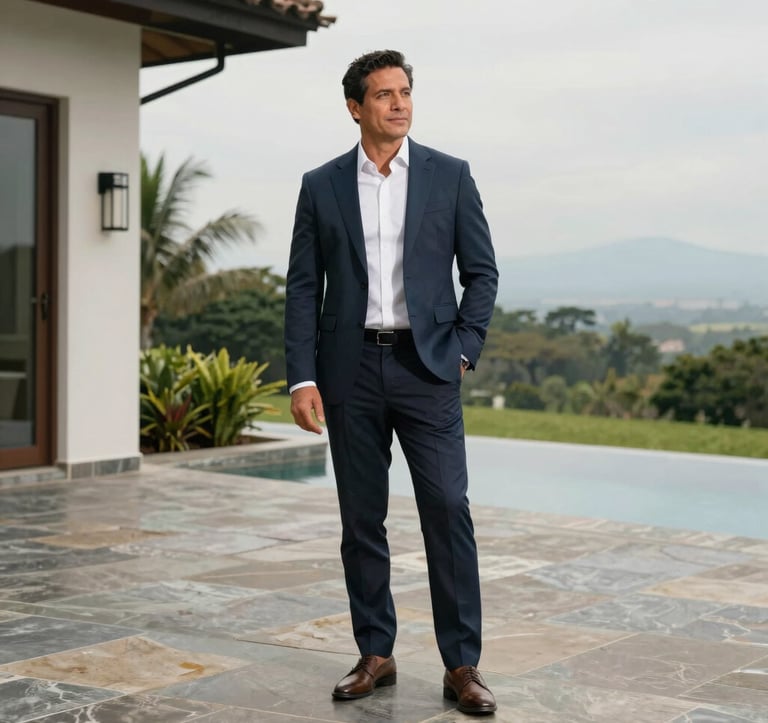 A professional man in his 40s, a property expert in a Central American / Costa Rican setting, standing on a polished Muted Leaf colored stone terrace of a luxury estate. He is dressed in elegant smart-casual attire, looking toward the horizon with a confident and trustworthy expression.