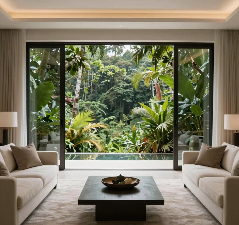 A high-end modern interior of a living room with large glass doors opening to a Central American / Costa Rican rainforest, elegant furniture in off-white cream, outdoor deep forest green foliage visible, sophisticated architectural photography.