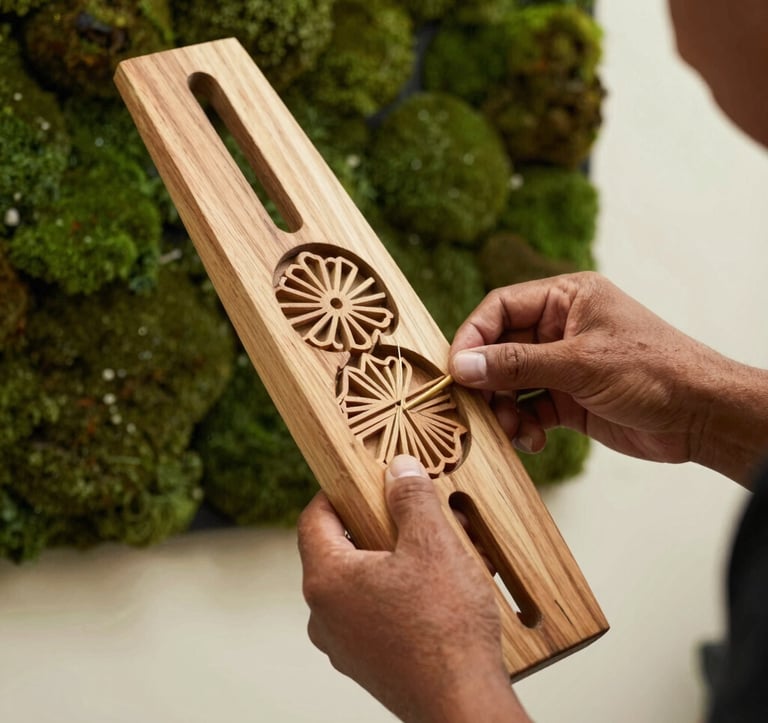 A close-up photography of a local artisan in a Central American / Costa Rican studio, hand-crafting a sophisticated piece of traditional decor. The setting is elegant, with dark moss green walls and soft off-white lighting highlighting natural wood textures.