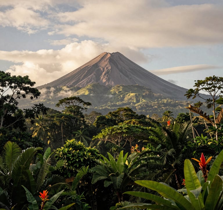 A view of the Arenal volcano in a Central American / Costa Rican landscape, framed by lush deep forest green jungle and exotic flowers, soft morning light, off-white cream clouds in the sky, wide angle photography.